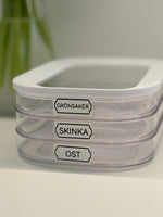 Etiketter på burk till kylskåp